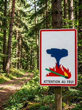 Forest fire prevention warning sign in a natural environment.