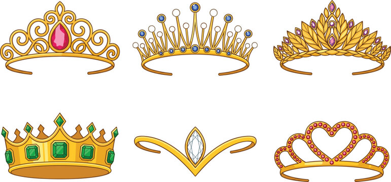 Cartoon royal golden tiara and princess crown vector icon set featuring luxury diadems adorned with ruby emerald sapphire and diamond gemstones.