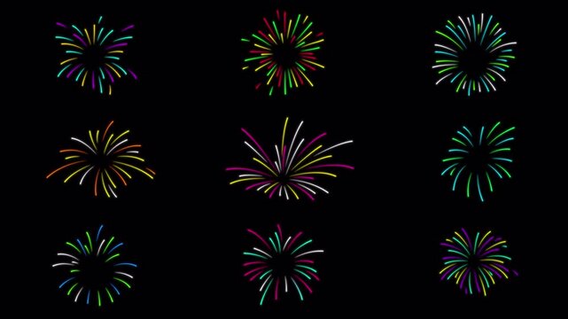 Colorful firework designs on black background, vibrant stylized illustrations, festive graphics for celebrations, digital artwork for invitations