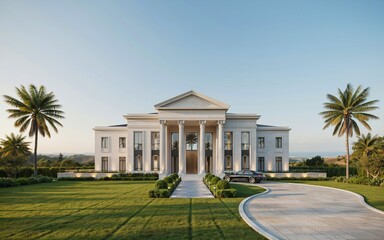 Obraz premium Luxury Neoclassical Mansion with Grand Columns and Palm Trees Exterior
