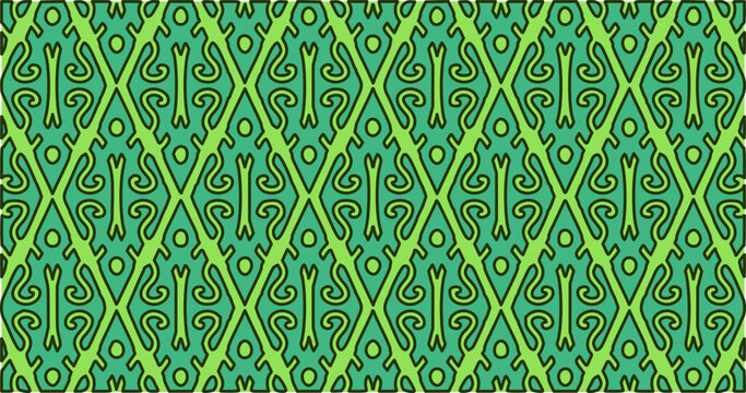 Green geometric batik seamless pattern with ornate diamond lattice and elegant traditional decorative repeat. Ideal for textile, wallpaper, wrapping paper, fabric, and background design.