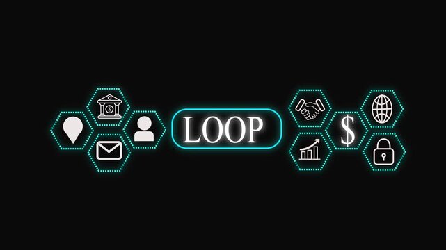 LOOP Futuristic Business Technology Banner with Finance, Communication and Security Icons