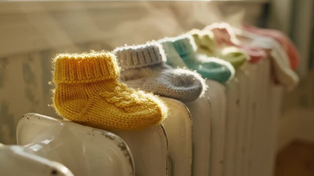 Small knitted baby socks rest on white radiator panels in cozy sunlit room, with mustard, gray, mint, cream, and pink tones fading into soft blur