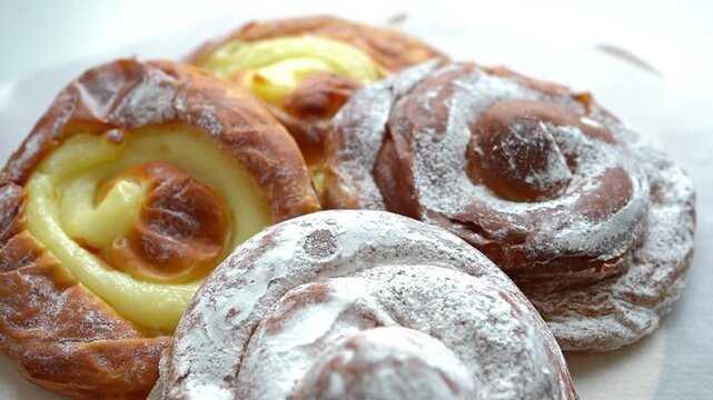 Tilting up close-up shot of assorted traditional Mallorcan ensaimada pastries