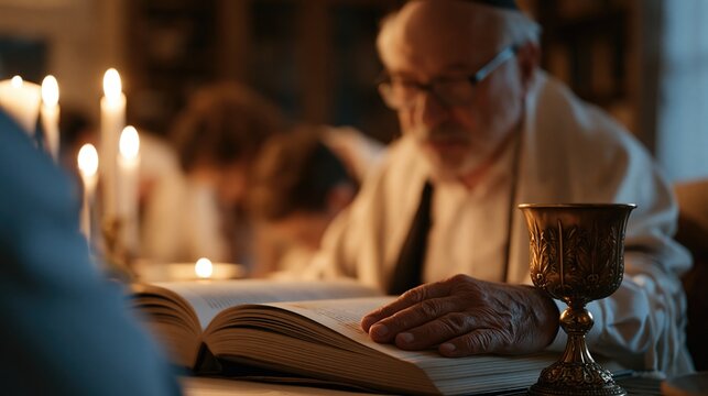 Elderly Rabbi Reading Sacred Text During Traditional Jewish Prayer Service