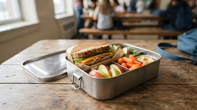 Healthy school lunch box with turkey sandwich, fresh apples, carrots and hummus on a rustic cafeteria table