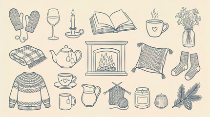 Hygge lifestyle vector icons set, cozy winter home elements in hand drawn line art style, warm autumn aesthetic illustrations for seasonal branding © Muhammad
