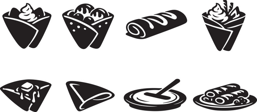 Crepe silhouette and outline icon set for food menus