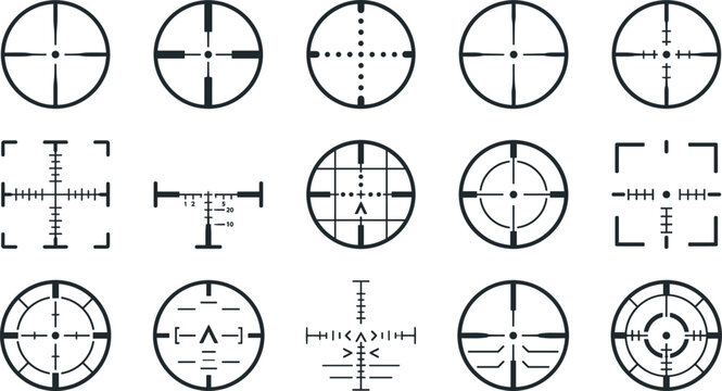 Crosshair sniper reticle weapon sight target aim vector icon set collection isolated on white background