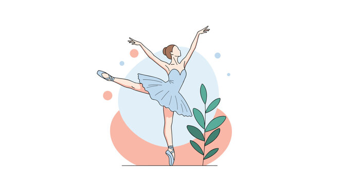 Graceful ballerina dancing in a blue tutu on one leg against a soft pastel circular background with plants.
