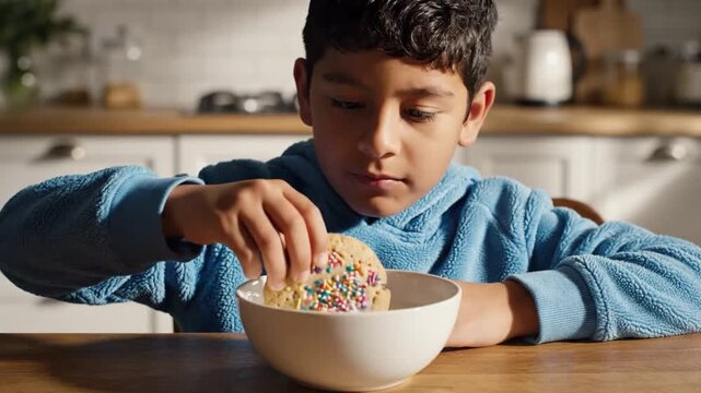 Close view of young boy in blue fleece robe lowering colorful sprinkle covered cookie into white bowl at wooden table, with soft focus kitchen cabinets, countertop items, and gentle daylight