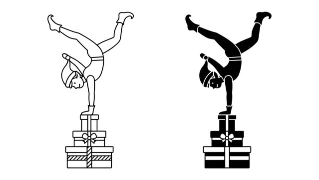 Christmas Elf Acrobat Balance: A playful Christmas elf performs a challenging handstand on a stack of wrapped gift boxes, showcasing agility and festive spirit in both outline and silhouette forms.