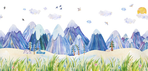 Fototapeta premium Watercolor Winter Landscape Seamless Border with Snowy Mountains, Forest Trees and Birds. Hand-drawn illustration for Christmas, New Year, baby shower, nursery wall art
