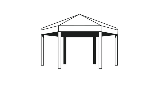 Simple black and white line drawing of an outdoor hexagonal garden gazebo structures isolated on a white background.