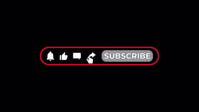 Interactive Subscribe Button Animation with Mouse Click, Notification Bell, Like, Comment and Share Icons on Transparent Background