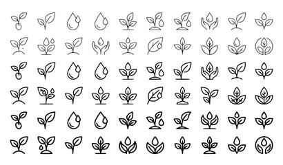 Fototapeta premium Plant Growth and Sprout Line Icons Collection with Leaves Flowers Botanical Nature Vector Symbols