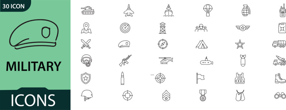 Military icons set with 30 line style symbols
