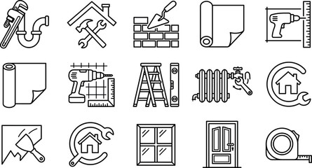 Home renovation construction tools maintenance repair house building line vector icon set collection isolated on white background © Afroja