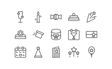 Fototapeta premium Birthday line icon set. Festive, birthday, gift box, party, celebration, cakes, dessert, catering, registration, coordination, entertainment, invitations outline icons. Editable vector stroke