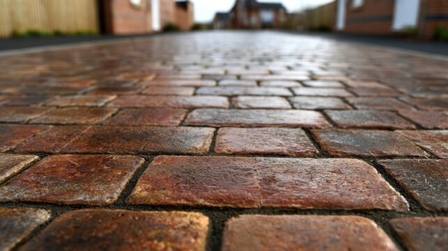 Low angle view of a weathered red brick driveway
