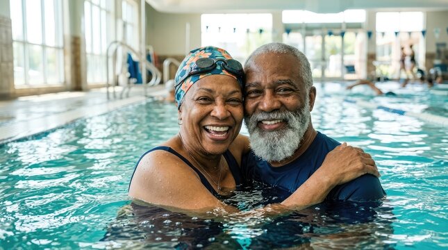 Senior couple enjoying a swim together in an indoor pool