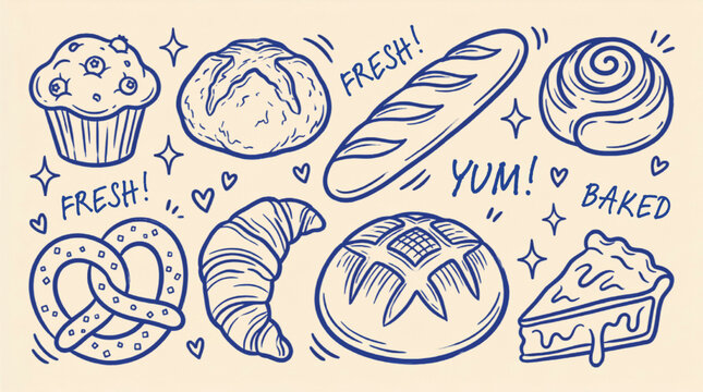 Hand drawn bakery doodle set, vintage blue line art bread and pastry collection, rustic cafe menu illustrations with croissant and baguette