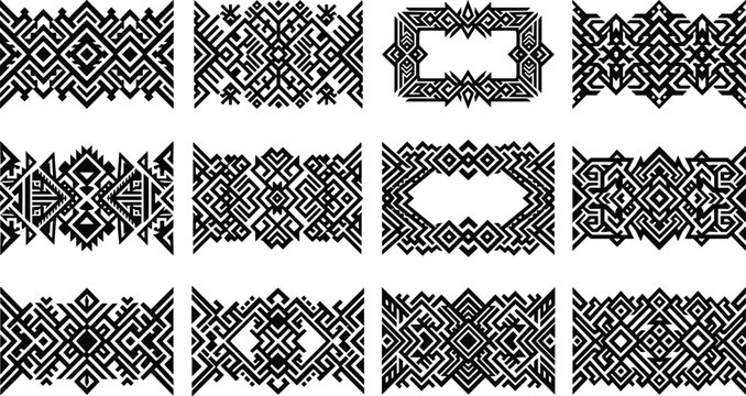 Geometric Tribal Ornament Set with Black and White Abstract Ethnic Patterns and Borders for Design Elements