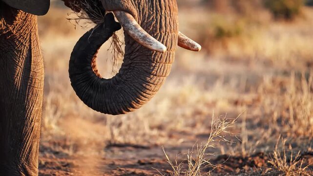 Close up of an elephant trunk reaching for dry grass in the african savanna