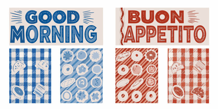 good morning and buon appetito retro breakfast posters vintage food donuts pie coffee illustration vector pattern stripes checkered blue red white