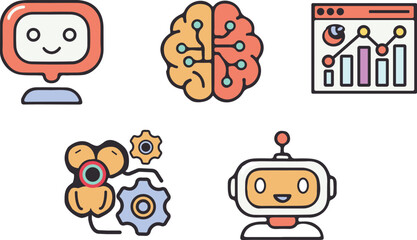 Fototapeta premium Modern artificial intelligence and technology themed flat line vector icon collection featuring chatbot, AI brain, analytics dashboard, machine learning automation and robot assistant symbols.
