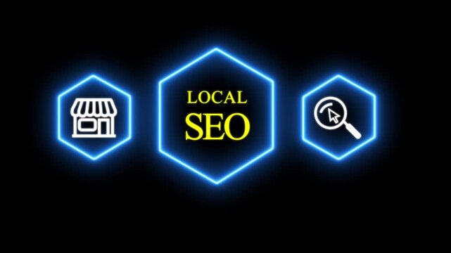 Local SEO digital marketing concept with neon hexagon for small business growth and search engine optimization strategy 4k video.
