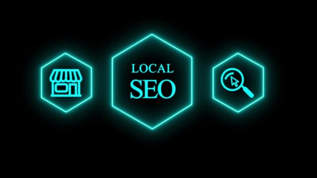 Local SEO strategy concept with neon hexagon for digital marketing and business growth search engine optimization 4k video.