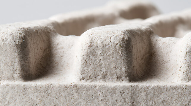 Close-up of pressed gray recycled pulp material showing textured surface and wavy pattern, focus on eco-friendly packaging background