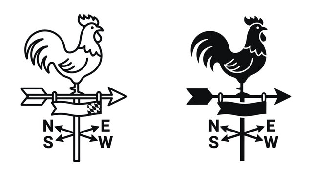 Rooster Weather Vane: Two distinct rooster weather vanes, one in outline and the other in silhouette, stand as classic symbols of direction and wind, pointing North, South, East, and West.