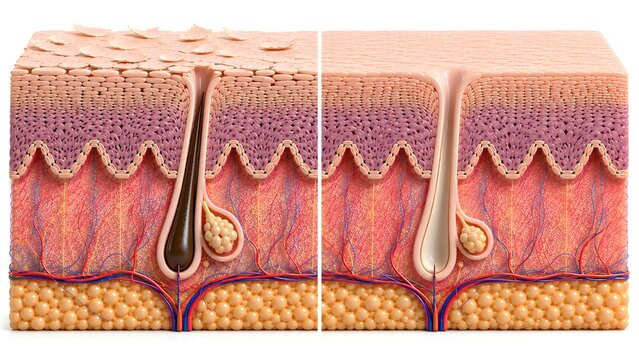 AHA and BHA Chemical Exfoliation Mechanism Human Skin Cross Section Medical Illustration