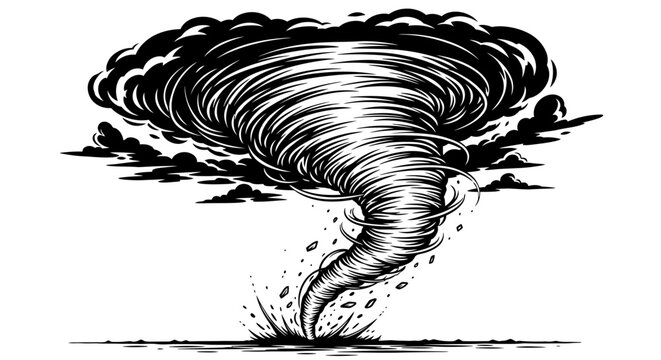 Dramatic black and white sketch of a powerful tornado cyclone storm