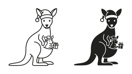 Festive Kangaroo Duo with Gifts: A heartwarming depiction of a kangaroo and joey, both donning Santa hats, sharing Christmas gifts, presented in both line art and silhouette. © Hasina