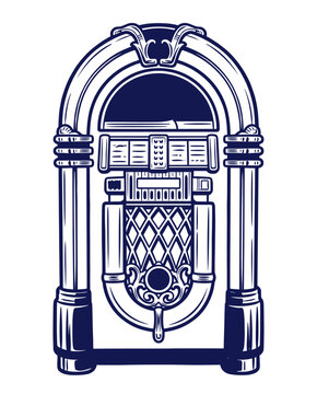 Vintage retro jukebox. Navy blue ink illustration. 1950s diner nostalgia. For t-shirt print or apparel. Suitable for music posters and stickers.