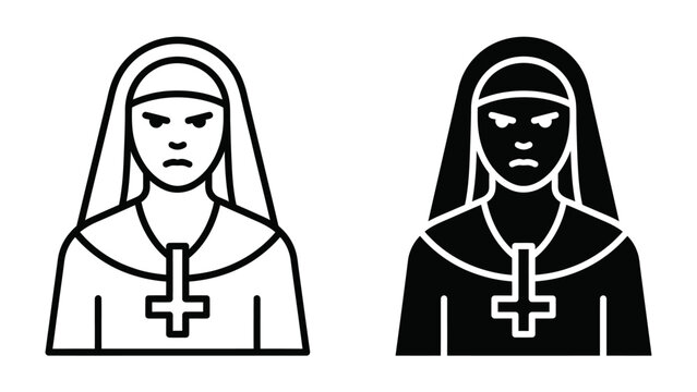Angry Nun Icon: An illustration of an angry nun depicted in two styles, one as a line drawing and the other as a silhouette, both featuring an inverted cross.
