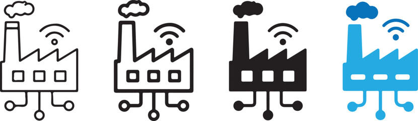 Smart Industrial Factory Icons Set Featuring Outline and Solid Glyph Icons for Automated Manufacturing, IoT Production, Wireless Plants, Eco Infrastructure, Technology Automation, Network Engineering, © vectorzking