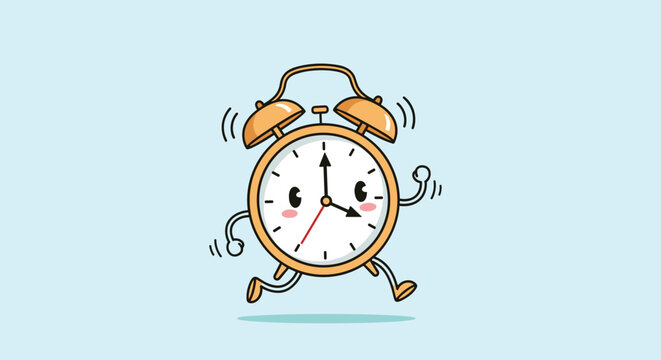Enthusiastic cartoon alarm clock character running with its legs and arms spread wide to wake people up early in the morning.