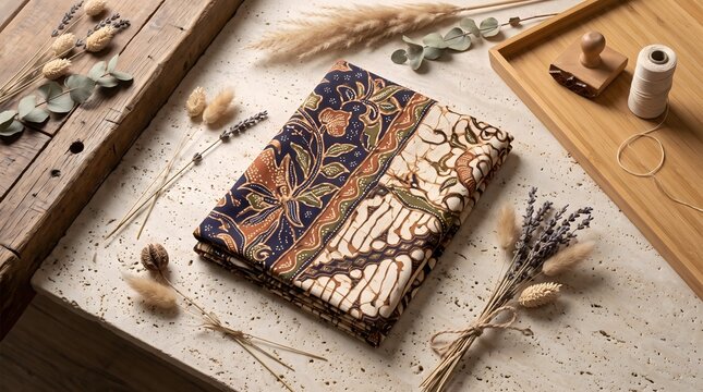 Folded Batik Fabric with Traditional Pattern and Dried Floral Decoration