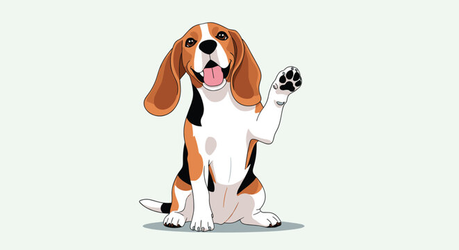 Happy beagle dog sitting on the ground and waving its paw with a friendly expression on its face and big brown floppy ears.