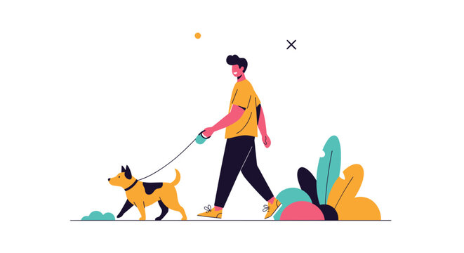 Man walking his small brown and black dog on a leash in a minimalist urban park setting with colorful plants and foliage.