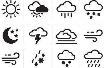 Obraz premium Weather Icon Set Vector Illustration Black Line Sun Cloud Rain Snow Moon Wind Storm Icons for App Design