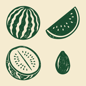 Watermelon fruit and slices with seed in grunge style.