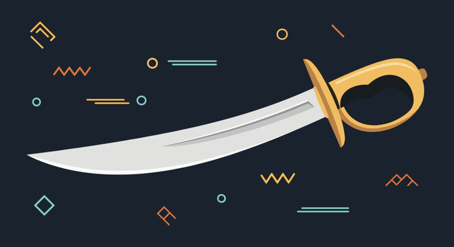 Curved scimitar sword with a golden hilt and handle shown against a dark blue background with abstract geometric shapes.