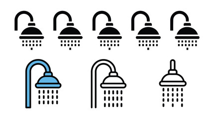 Naklejka premium Shower icon set vector illustration collection featuring bathroom shower head symbols with water drops in linear and glyph style.