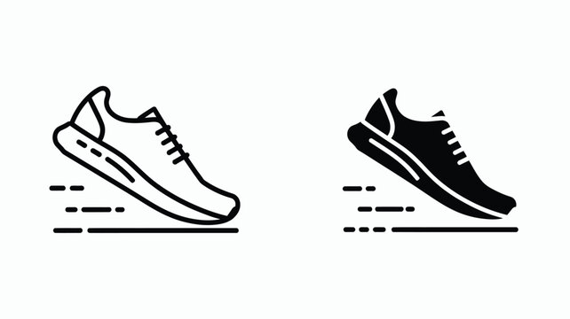 Running shoe icon set featuring outline and solid glyph version of a fast sneaker with motion lines for fitness tracking
