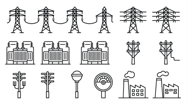 Power grid grid line icon set with electric transmission towers power plants factory substations poles and electrical meter symbols vector